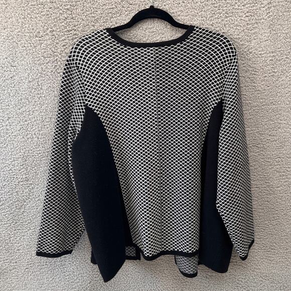 Catherines Womens Open Cardigan 1X Black White Geometric Stretch Glam Long slv - Picture 9 of 9
